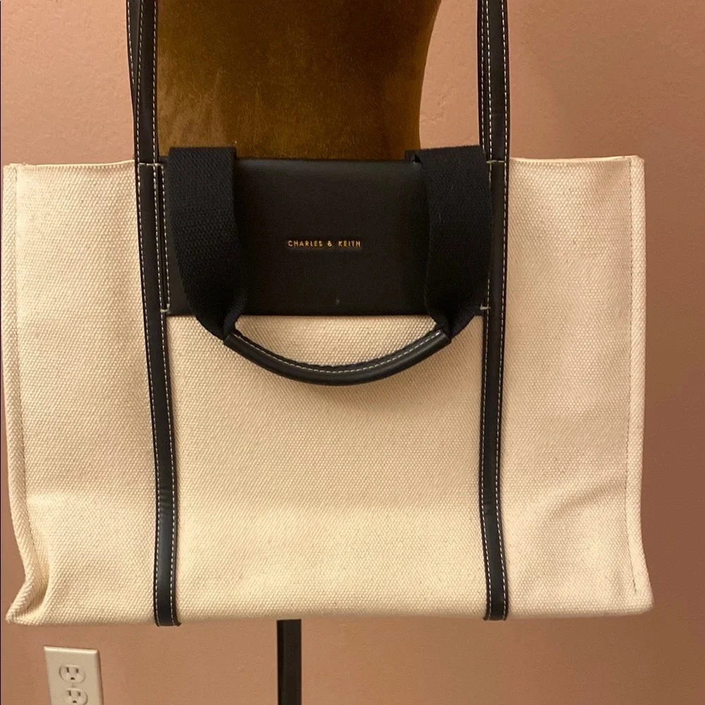 Charles & Keith Cream Canvas Tote with Black Trim